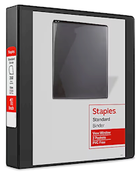 BINDER, 3 RING, VIEW, STAPLES, 1 1/2", D RING, BLACK MAIN