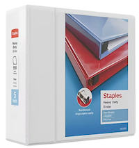 BINDER, 3 RING, VIEW, STAPLES, HEAVY DUTY, 5", D RING, WHITE MAIN