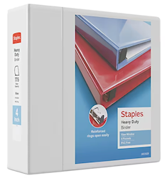 BINDER, 3 RING, VIEW, STAPLES,HEAVY DUTY, 4", D RING, WHITE LARGE