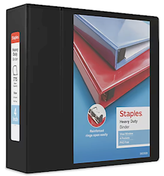 BINDER, 3 RING, VIEW, STAPLES, HEAVY DUTY, 4", D RING, BLACK LARGE