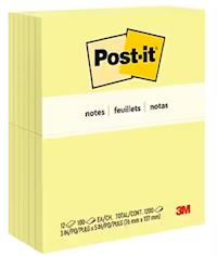 STICKY NOTES, POST-IT, 3" X 5", YELLOW, 100 SHEETS/PAD, 12 PADS/CT MAIN