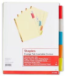 DIVIDERS, INSERTABLE, LARGE TAB, STAPLES, 5 TAB, ASSORTED COLORS LARGE