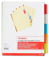 DIVIDERS, INSERTABLE, LARGE TAB, STAPLES, 5 TAB, ASSORTED COLORS MAIN