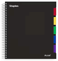 NOTEBOOK, 5 SUBJECT, STAPLES, 8.5" X 11", COLLEGE RULED, 150 SHEETS, BLACK LARGE