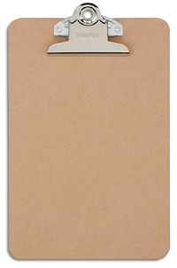 CLIPBOARD, HARDBOARD, STAPLES, MEMO SIZE, BROWN MAIN