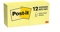 STICKY NOTES, POST-IT, 3" X 3", YELLOW, 100 SHEETS/PAD, 12 PADS/CT MAIN