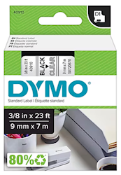 LABEL MAKER TAPE, DYMO D1 STANDARD 40910, 3/8" X 23', BLACK ON CLEAR LARGE