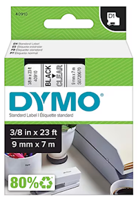 LABEL MAKER TAPE, DYMO D1 STANDARD 40910, 3/8" X 23', BLACK ON CLEAR MAIN