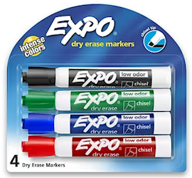 DRY ERASE MARKERS, EXPO, CHISEL TIP, ASSORTED COLORS, 4/CT LARGE
