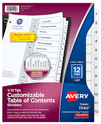 DIVIDERS, AVERY, READY INDEX, TABLE OF CONTENTS, PAPER, 1-12 TABS, WHITE LARGE