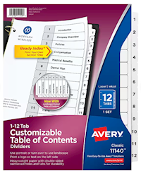 DIVIDERS, AVERY, READY INDEX, TABLE OF CONTENTS, PAPER, 1-12 TABS, WHITE MAIN