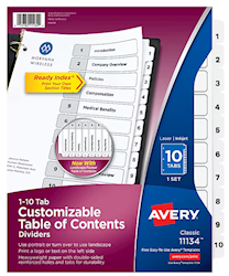 DIVIDERS, AVERY, READY INDEX, TABLE OF CONTENTS, PAPER, 1-10 TABS, WHITE LARGE