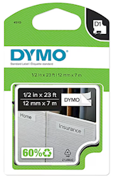 LABEL MAKER TAPE, DYMO D1 STANDARD 45113, 1/2" X 23', BLACK ON WHITE LARGE