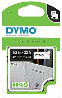 LABEL MAKER TAPE, DYMO D1 STANDARD 45113, 1/2" X 23', BLACK ON WHITE MAIN