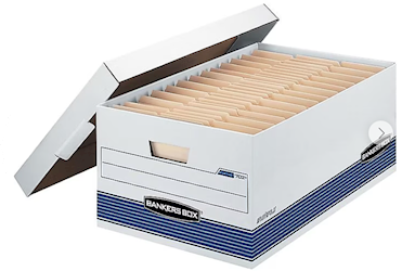 STORAGE BOXES, MEDIUM DUTY, BANKERS BOX, 24", LIFT OFF LID, LEGAL SIZE, WHITE/BLUE, 12/CT LARGE