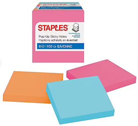 STICKY NOTES, POP-UP, 3" X 3", ASSORTED COLORS, 100 SHEETS/PAD, 6 PADS/CT LARGE