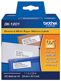 ADDRESS LABELS, STANDARD, BROTHER DK-1201, PAPER, 3 1/2" X 1 1/10", BLACK ON WHITE, 400 LABELS/ROLL MAIN