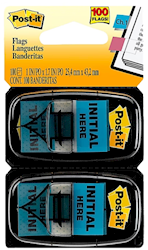 MESSAGE FLAGS, POST-IT, INITIAL HERE, 1"W, BLUE, 100 FLAGS/CT LARGE