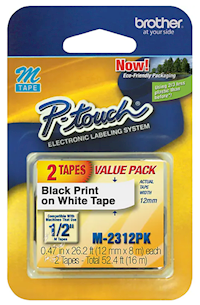 LABEL MAKER TAPE, BROTHER M-231, 1/2" X 26 1/5', BLACK ON WHITE, 2/CT MAIN