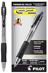 PENS, GEL, RETRACTABLE, PILOT G2, ULTRA FINE POINT, BLACK INK, 12/CT LARGE