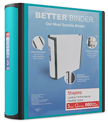 BINDER, 3 RING, STAPLES, D RING, LIGHT BLUE LARGE
