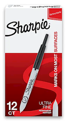 PERMANENT MARKERS, SHARPIE, RETRACTABLE, ULTRA FINE TIP, BLACK, 12/CT LARGE