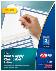 DIVIDERS, AVERY, INDEX MAKER, PAPER, PRINT & APPLY LABEL SHEETS, 3 TABS, WHITE, 25 SETS/CT LARGE