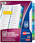 DIVIDERS, AVERY, READY INDEX, TABLE OF CONTENTS, COLUMN, PAPER, 1-24 TABS, MULTICOLOR THUMBNAIL