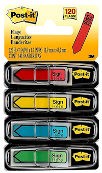 MESSAGE FLAGS, POST-IT, SIGN HERE, 0.5"W, ASSORTED COLORS, 120 FLAGS/CT MAIN