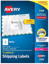 SHIPPING LABELS, AVERY, LASER, 3 1/2" X 5", WHITE, 4 LABELS/SHEET, 100 SHEETS/CT MAIN