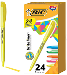 HIGHLIGHTERS, BIC, STICK, CHISEL TIP, ASSORTED COLORS, 24/CT LARGE