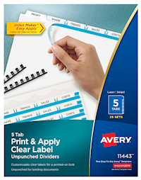 DIVIDERS, AVERY, INDEX MAKER, PAPER, PRINT & APPLY LABEL SHEETS, 5 TABS, WHITE, 25 SETS/CT MAIN