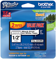 LABEL MAKER TAPE, LAMINATED, BROTHER TZE-231, 1/2" X 26 1/5', BLACK ON WHITE, 2/CT LARGE
