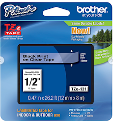 LABEL MAKER TAPE, LAMINATED, BROTHER TZE-131, 1/2" X 26 1/5', BLACK ON CLEAR LARGE