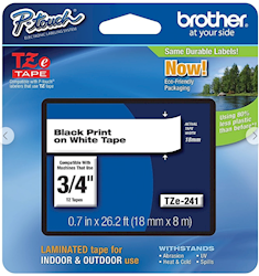 LABEL MAKER TAPE, LAMINATED, BROTHER TZE-241, 3/4" X 26 1/5', BLACK ON WHITE LARGE