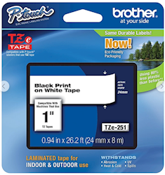 LABEL MAKER TAPE, LAMINATED, BROTHER TZE-251, 1" X 26 1/5', BLACK ON WHITE LARGE