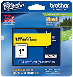 LABEL MAKER TAPE, LAMINATED, BROTHER TZE-651, 1" X 26 1/5', BLACK ON YELLOW LARGE