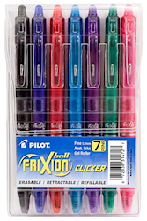 PENS, GEL INK, ERASABLE, PILOT, BALL CLICKER, FINE POINT, ASSORTED COLORS, 7/CT LARGE