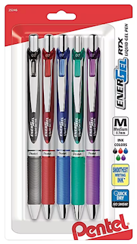PENS, GEL, PENTEL RTX, MEDIUM POINT, ASSORTED COLORS, 5/CT MAIN