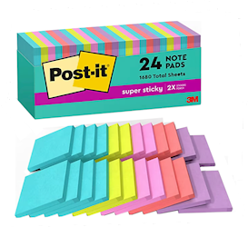 STICKY NOTES, POST-IT, 3" X 3", ASSORTED COLORS, 70 SHEETS/PAD, 24 PADS/CT LARGE