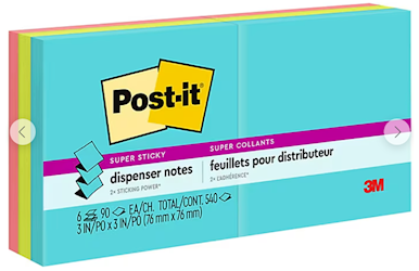 STICKY NOTES, POST-IT, 3" X 3", ASSORTED COLORS, 90 SHEETS/PAD, 6 PADS/CT LARGE