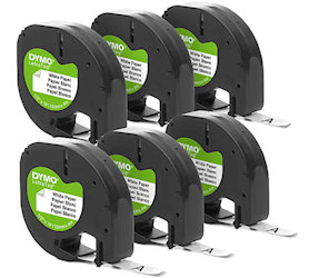 LABEL MAKER TAPE, PAPER, DYMO LETRATAG, 1/2" X 13', BLACK ON WHITE, 6/CT LARGE