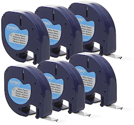 LABEL MAKER TAPE, PLASTIC, DYMO LETRATAG, 1/2" X 13', BLACK ON WHITE, 6/CT LARGE