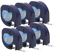 LABEL MAKER TAPE, PLASTIC, DYMO LETRATAG, 1/2" X 13', BLACK ON WHITE, 6/CT MAIN