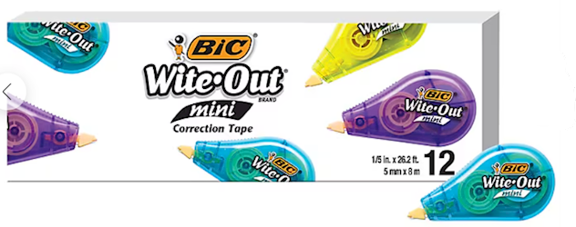 CORRECTION TAPE, BIC WITE-OUT, WHITE, 12/CT LARGE