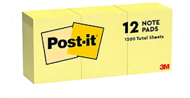 STICKY NOTES, POST-IT, 1 3/8" X 1 7/8", YELLOW, 100 SHEETS/PAD, 12 PADS/CT THUMBNAIL