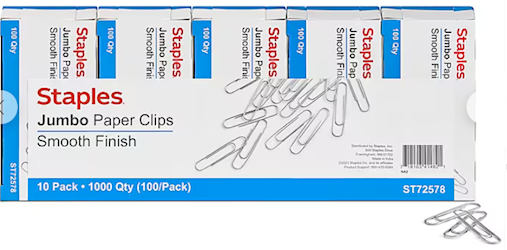 PAPER CLIPS, JUMBO, SMOOTH, 1000/CT LARGE