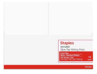 NOTEPADS, UNRULED, STAPLES, 4" X 6", WHITE, 100 SHEETS/PAD, 12 PADS/CT LARGE