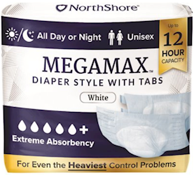 BRIEFS, DISPOSABLE, MEGAMAX OVERNIGHT ADULT DIAPER, HEAVY DUTY, WHITE, L, 40/CT LARGE