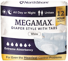 BRIEFS, DISPOSABLE, MEGAMAX OVERNIGHT ADULT DIAPER, HEAVY DUTY, WHITE, XS, 48/CT LARGE